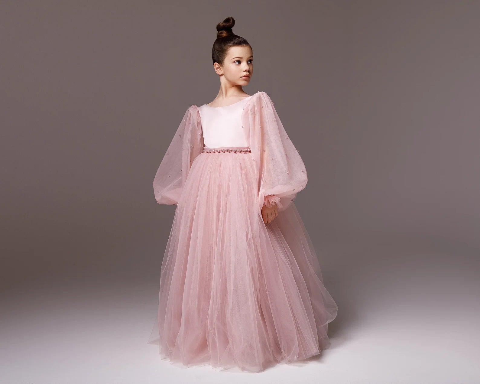 Girls Custom Couture Delicate Tulle Floor Length Flower Girl Party Dress