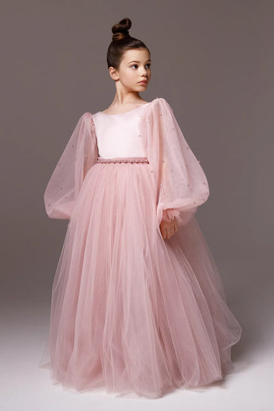 Girls Custom Couture Delicate Tulle Floor Length Flower Girl Party Dress
