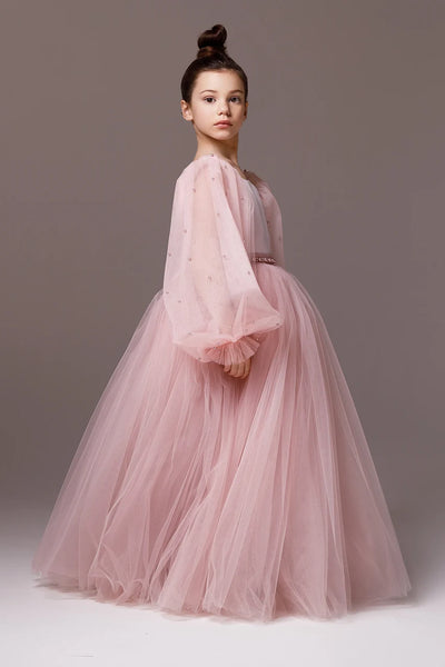 Girls Custom Couture Delicate Tulle Floor Length Flower Girl Party Dress