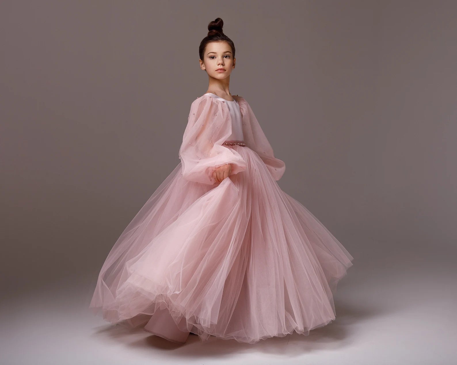 Girls Custom Couture Delicate Tulle Floor Length Flower Girl Party Dress