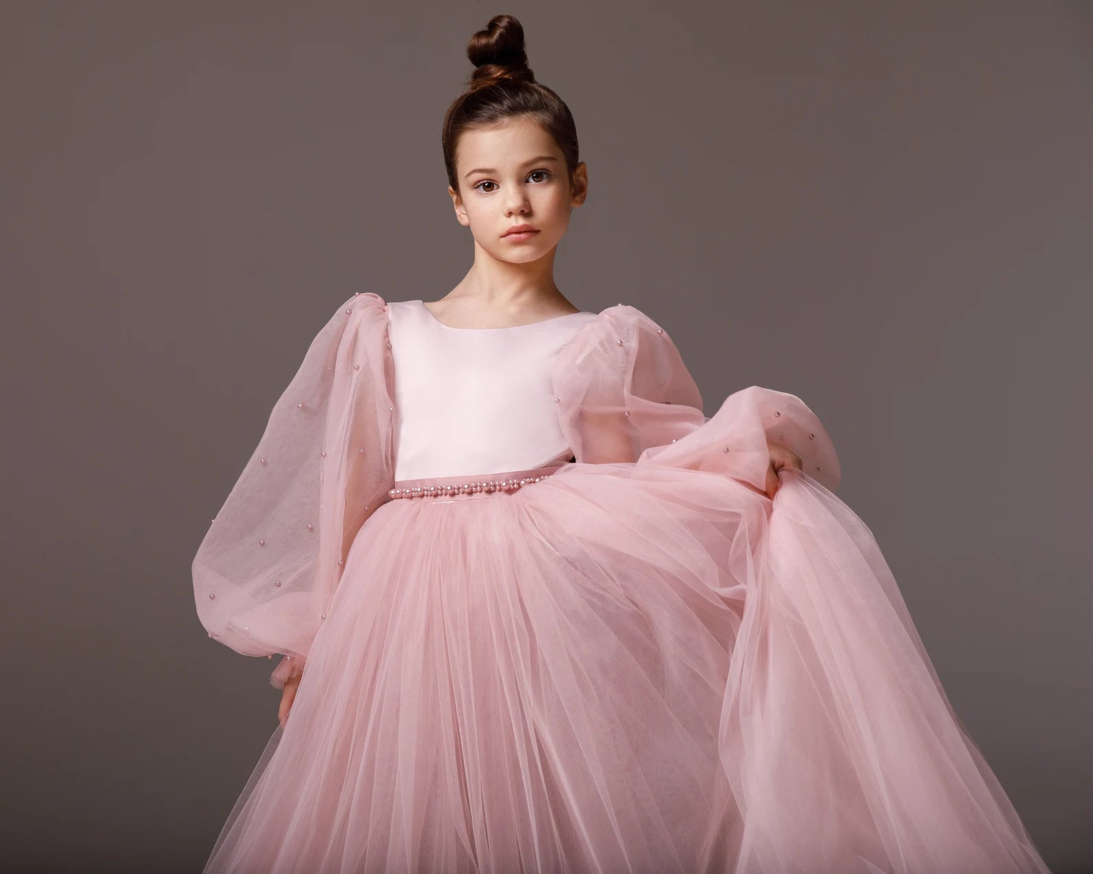 Girls Custom Couture Delicate Tulle Floor Length Flower Girl Party Dress