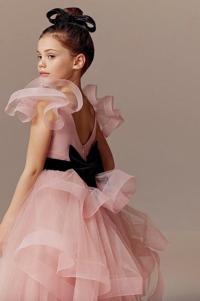 Custom Couture Tulle Satin Velvet Wedding Party Flower Girl Floor Length Dress