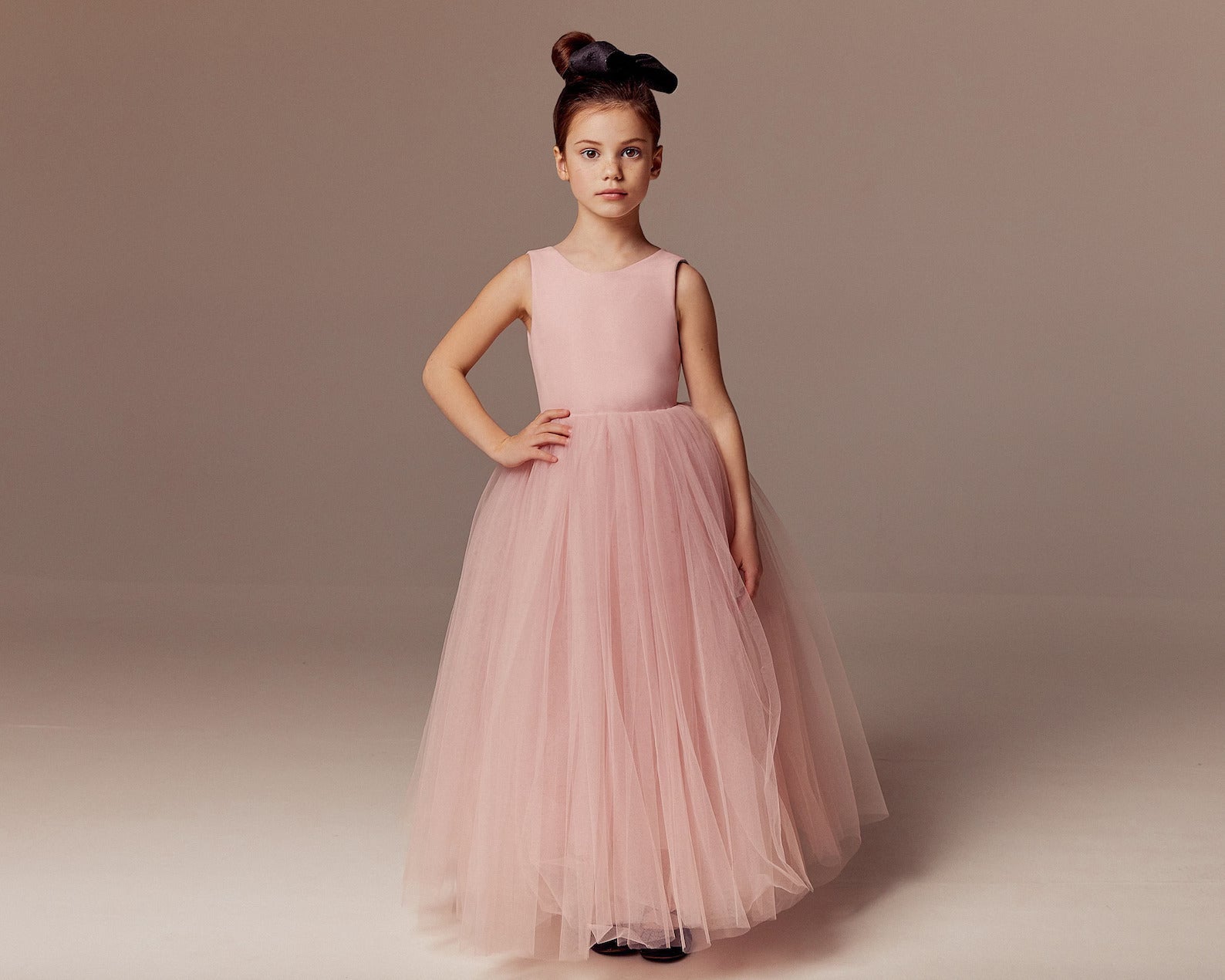 Custom Couture Tulle Satin Velvet Wedding Party Flower Girl Floor Length Dress