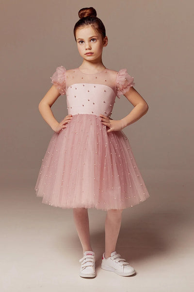 Custom Beaded Tulle Satin Special Occasion Flower Girl Party Knee High Dress