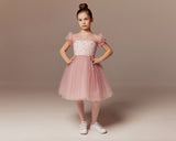 Custom Beaded Tulle Satin Special Occasion Flower Girl Party Knee High Dress