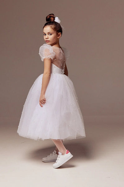 Custom Beaded Tulle Satin Special Occasion Flower Girl Party Knee High Dress