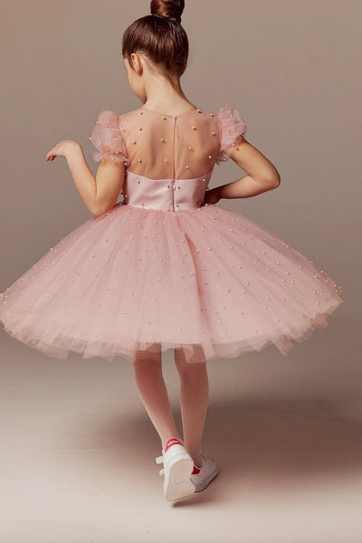 Custom Beaded Tulle Satin Special Occasion Flower Girl Party Knee High Dress