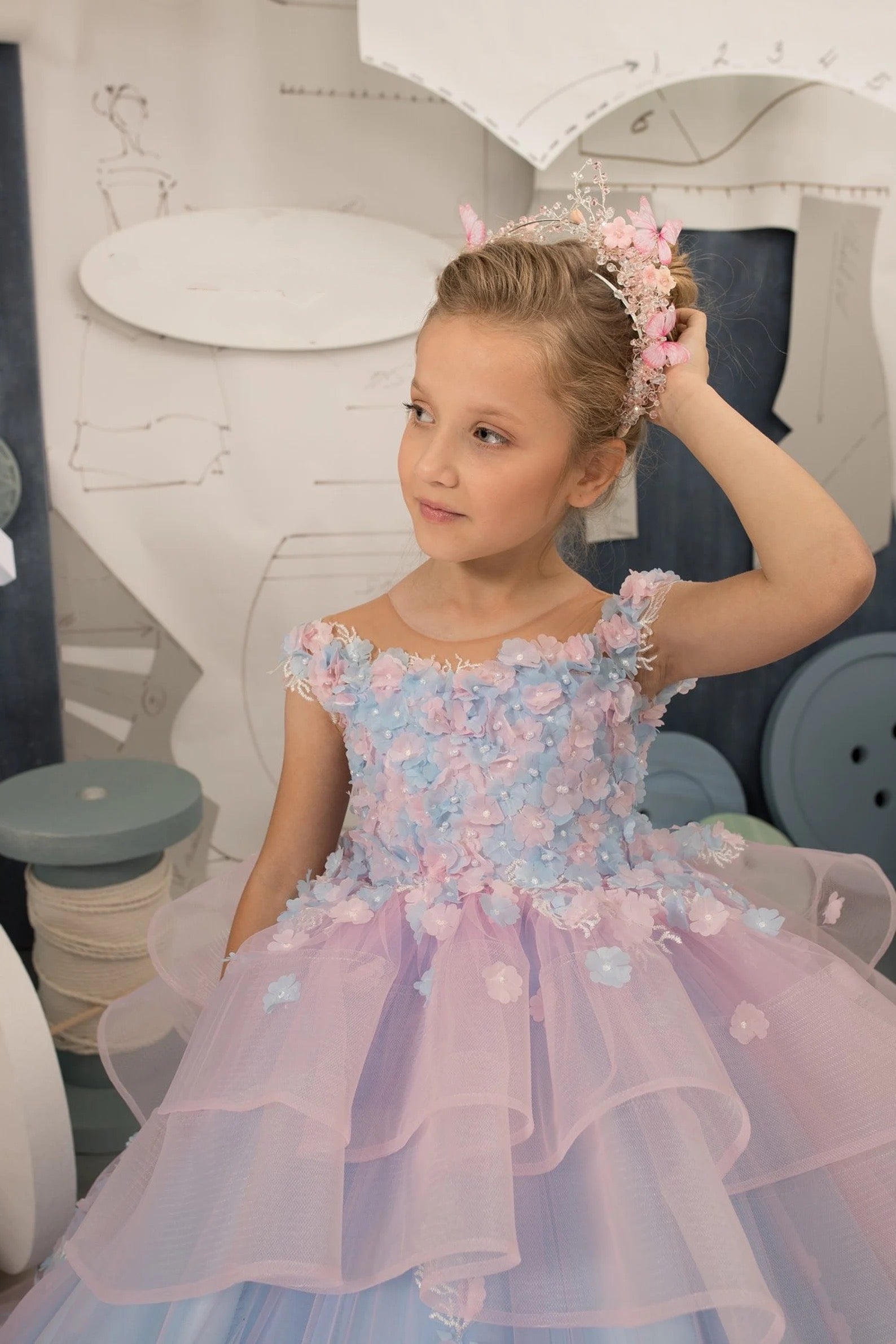 Girls Custom Couture Wedding Flower Girl Party 3D Floral Gown With Train
