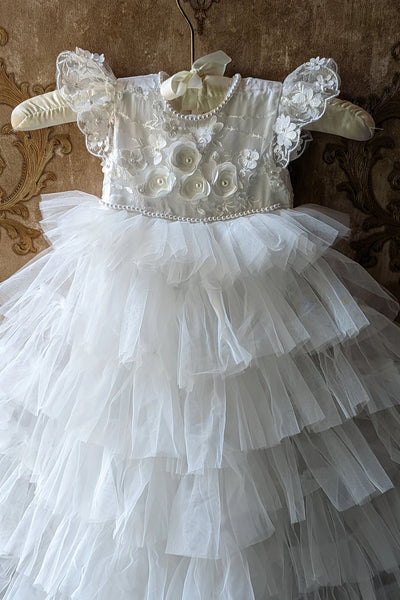 Exquisite Couture White Silk Tulle Christening Baptism Baby Gown