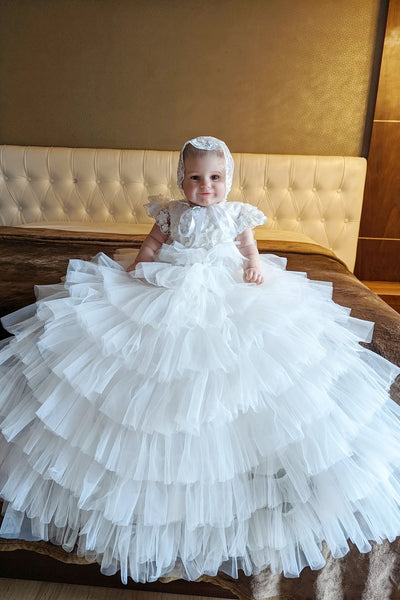 Exquisite Couture White Silk Tulle Christening Baptism Baby Gown