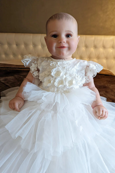 Exquisite Couture White Silk Tulle Christening Baptism Baby Gown