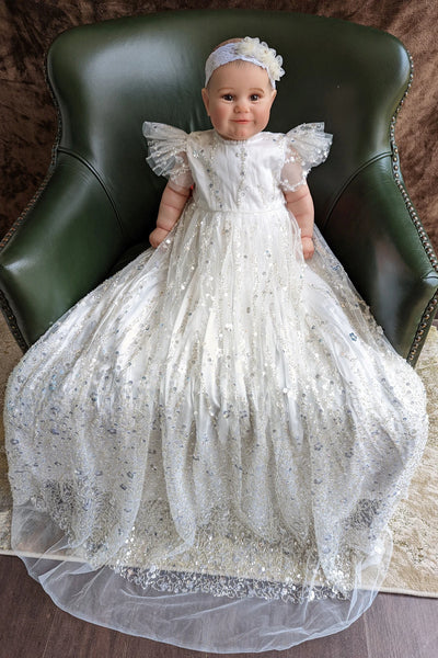 Couture Handmade Sequined Lace Tulle Christening Baptism Gown