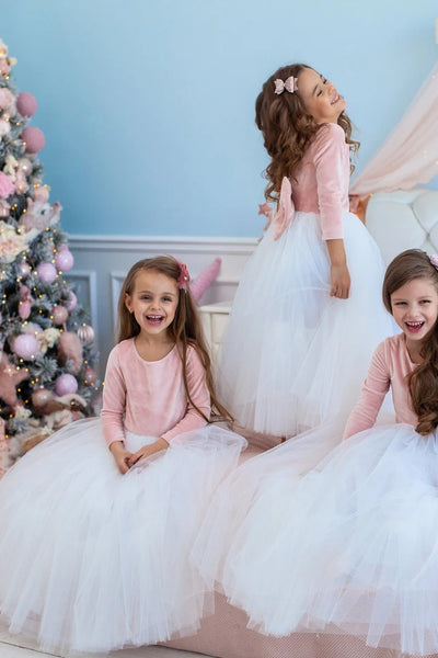 Girls Velvet Long Sleeve Tulle Flower Girl Wedding Birthday Party Long Dress