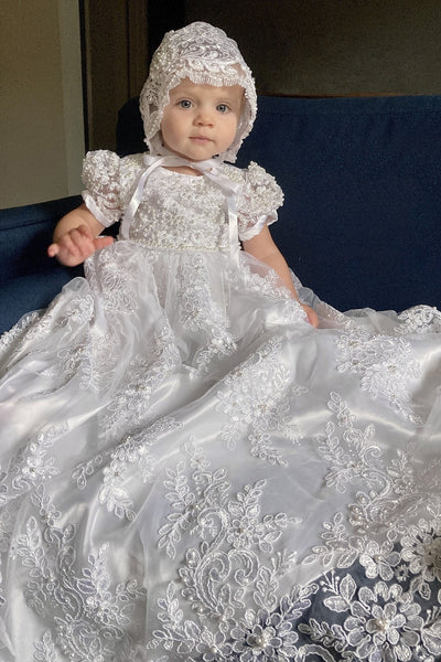 Couture Heirloom Silk Embroidered Pearl Beaded Christening Baptism Gown