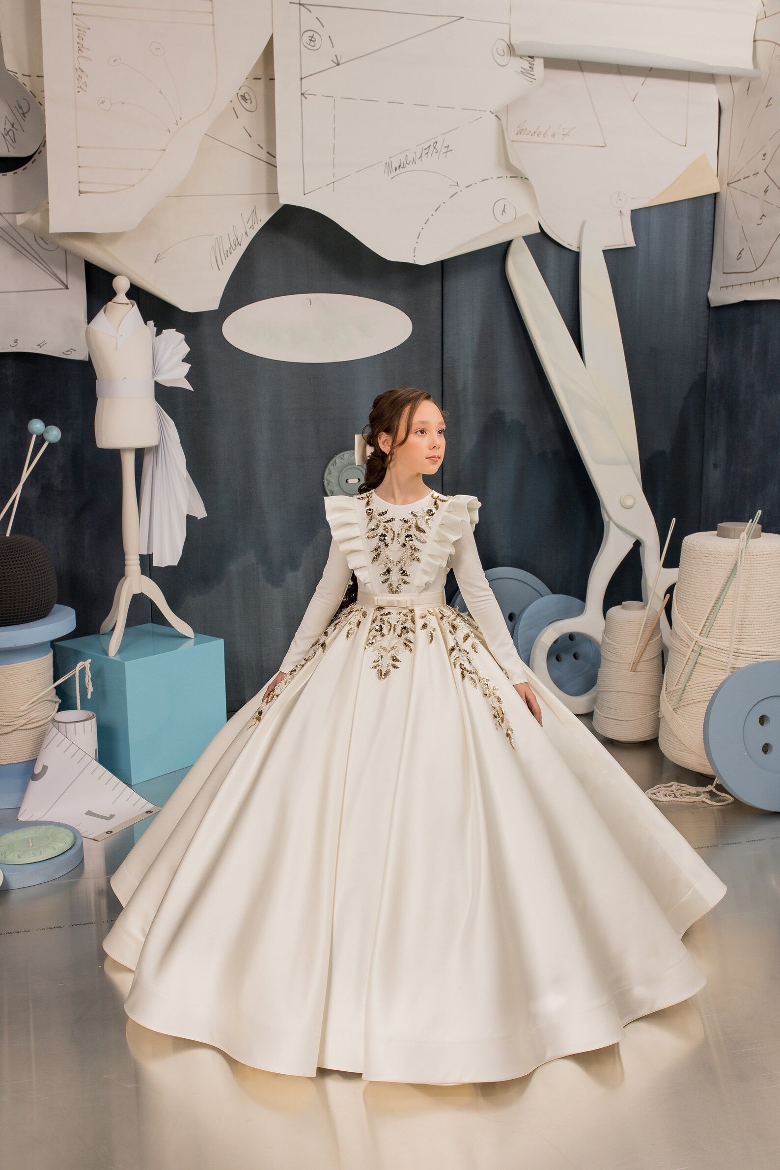 Custom Couture Satin Taffeta Embroidered Flower Girl Special Occasion Gown