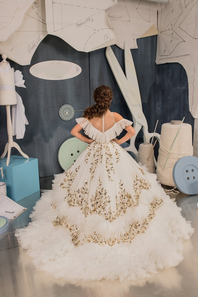 Girls Handmade Custom Couture Off The Shoulder Tulle taffeta Lace Gown