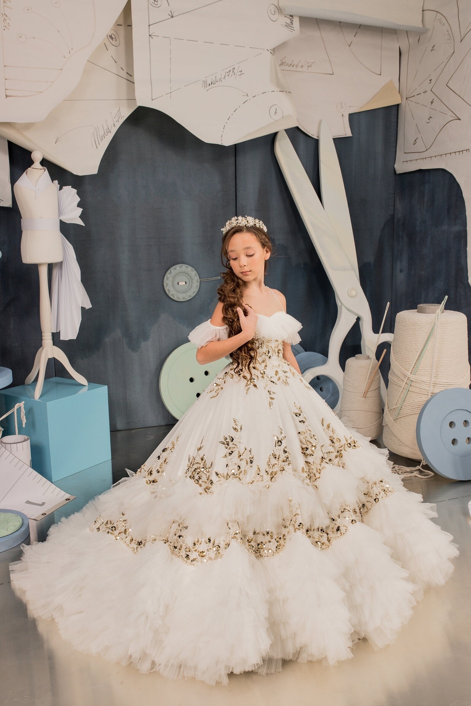 Girls Handmade Custom Couture Off The Shoulder Tulle taffeta Lace Gown