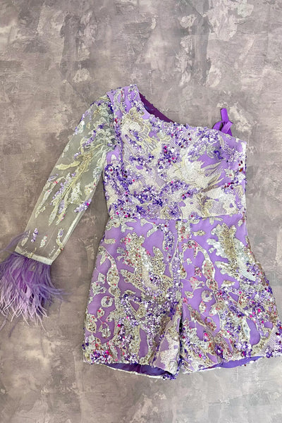 Lavender One Sleeve Girls Pageant Romper with Train