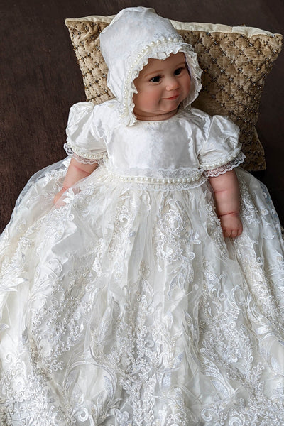 Couture Handmade Pearl Beaded Lace Christening Gown With Silk Bonnet