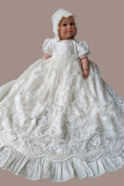 Couture Handmade Pearl Beaded Lace Christening Gown With Silk Bonnet