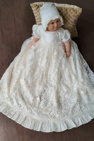 Couture Handmade Pearl Beaded Lace Christening Gown With Silk Bonnet