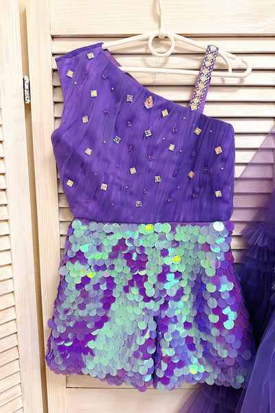 Girls Sequin Pageant Romper with Tulle Overskirt