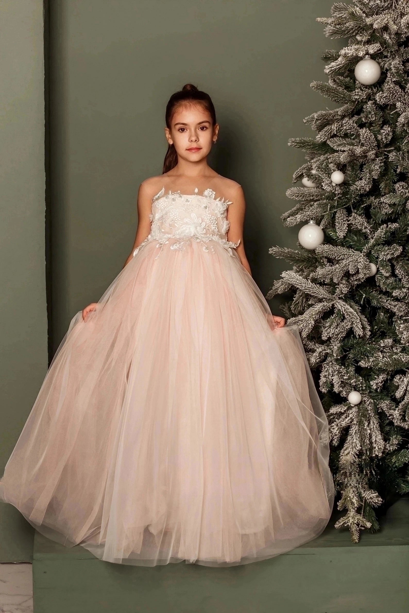 Couture Wedding Flower Girl Special Occasion Party Tulle Satin Lace Dress 