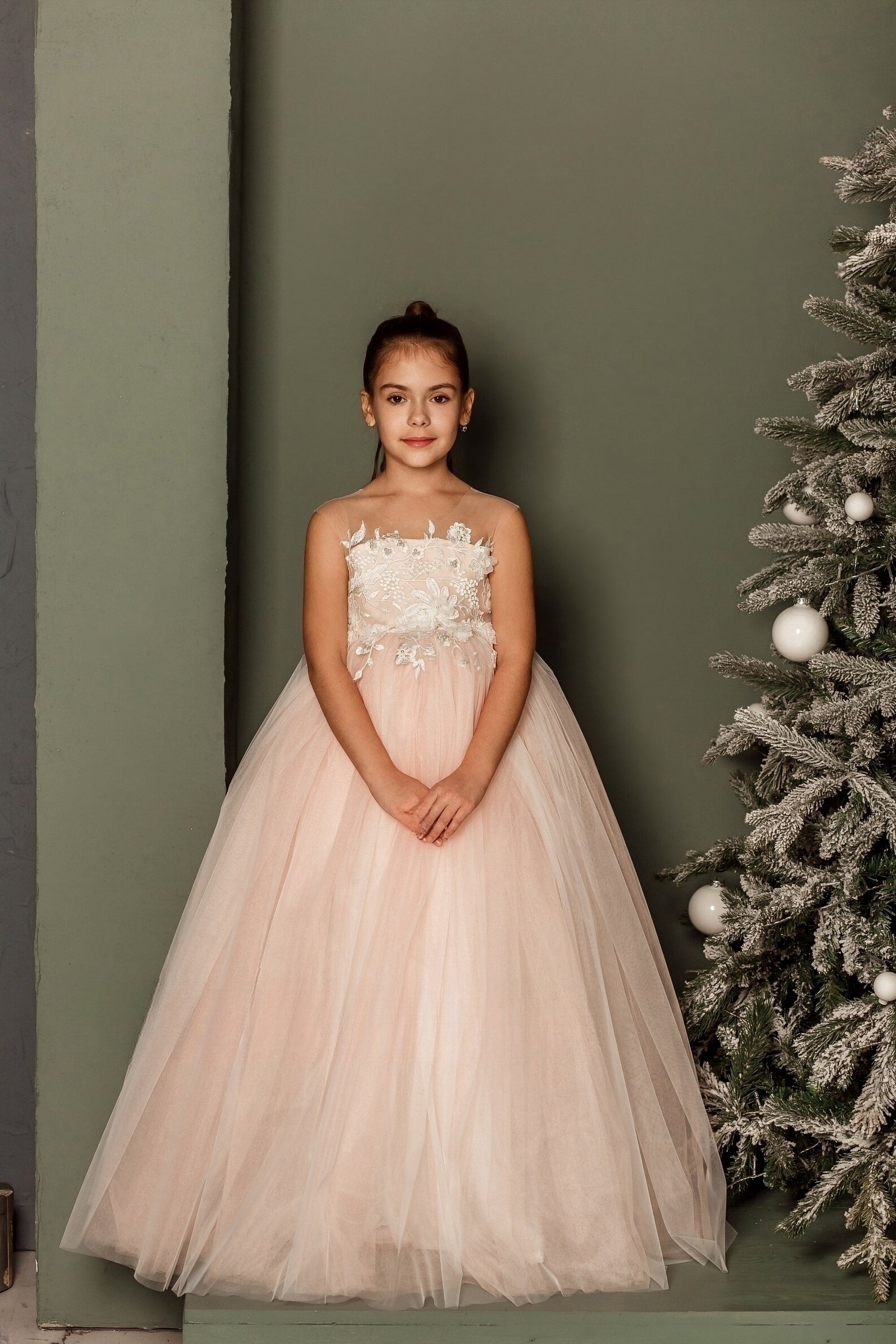 Couture Wedding Flower Girl Special Occasion Party Tulle Satin Lace Dress 