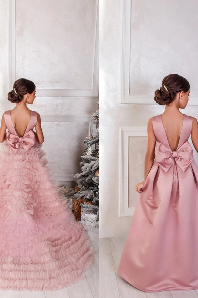 Girls Elegant Custom Couture Satin Floor Length Wedding Party Dress 