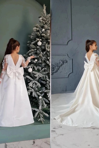 Elegant Satin Lace Wedding Party Communion Flower Girl Gown With Train