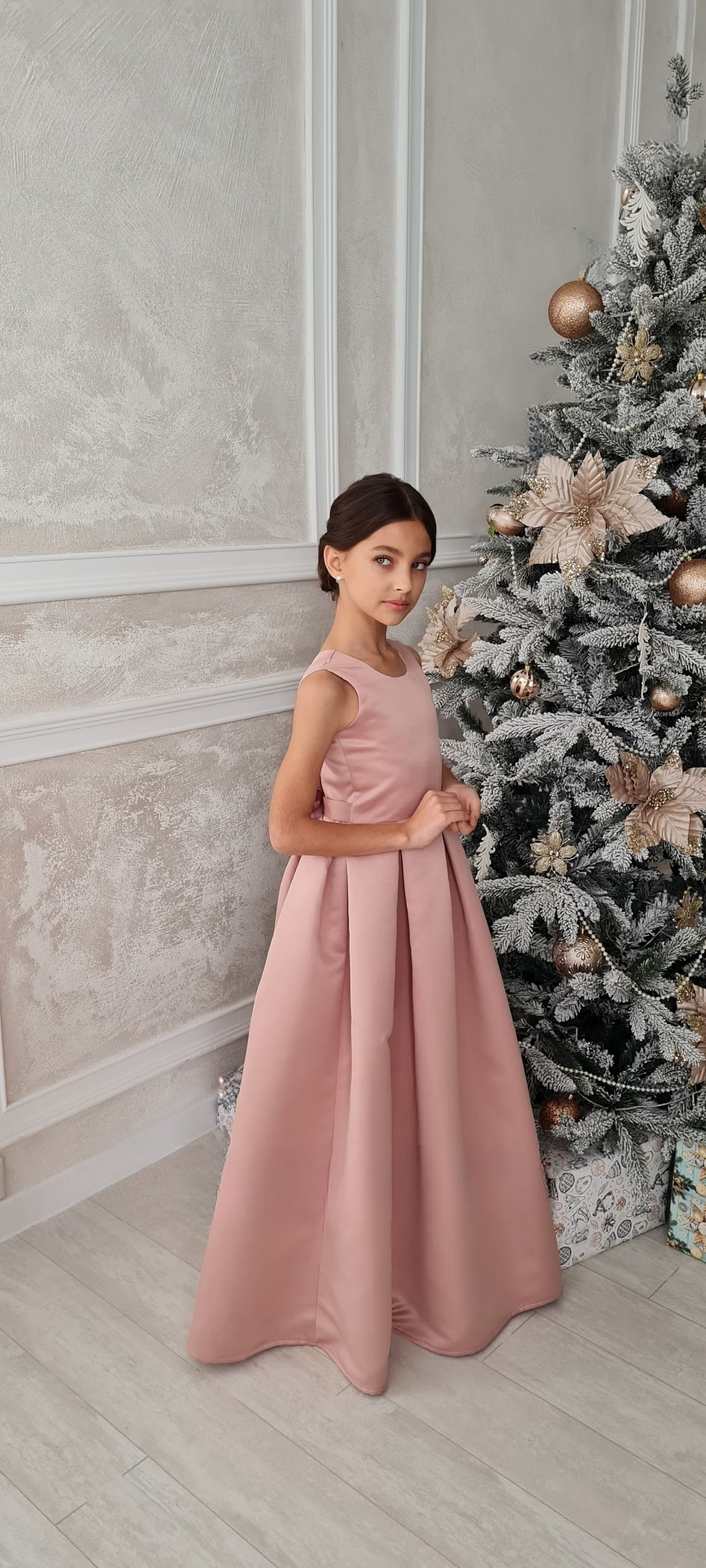 Girls Elegant Custom Couture Satin Floor Length Wedding Party Dress 