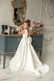 Special Occasion Wedding Communion Flower Girl Party Satin Gown With Train