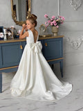 Special Occasion Wedding Communion Flower Girl Party Satin Gown With Train