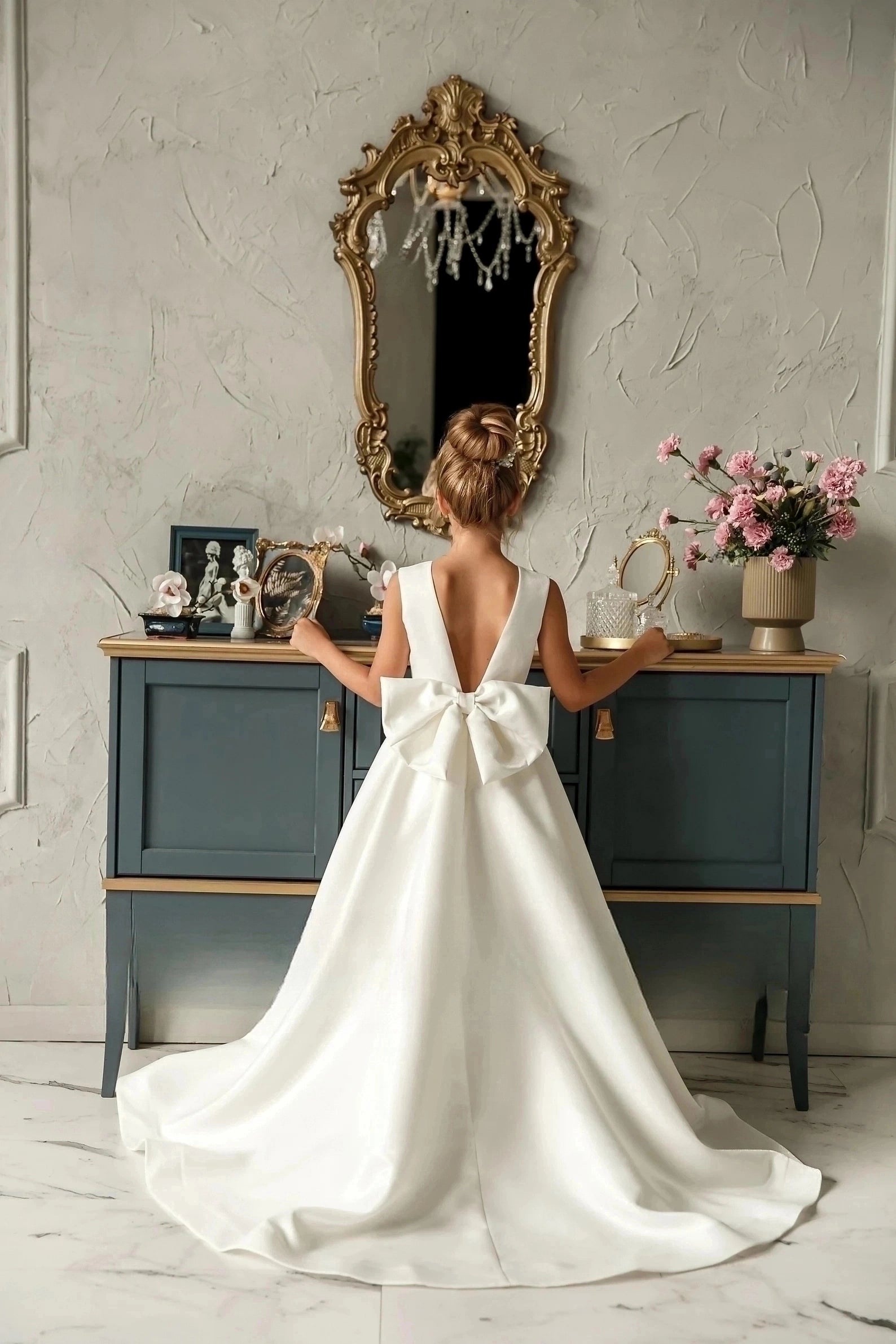 Special Occasion Wedding Communion Flower Girl Party Satin Gown With Train