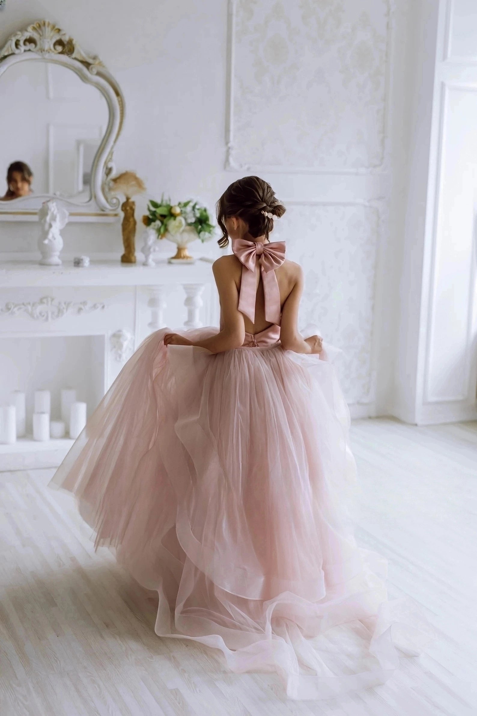 Girls Custom Couture Tulle Satin Wedding Party Flower Girl Floor Length Dress