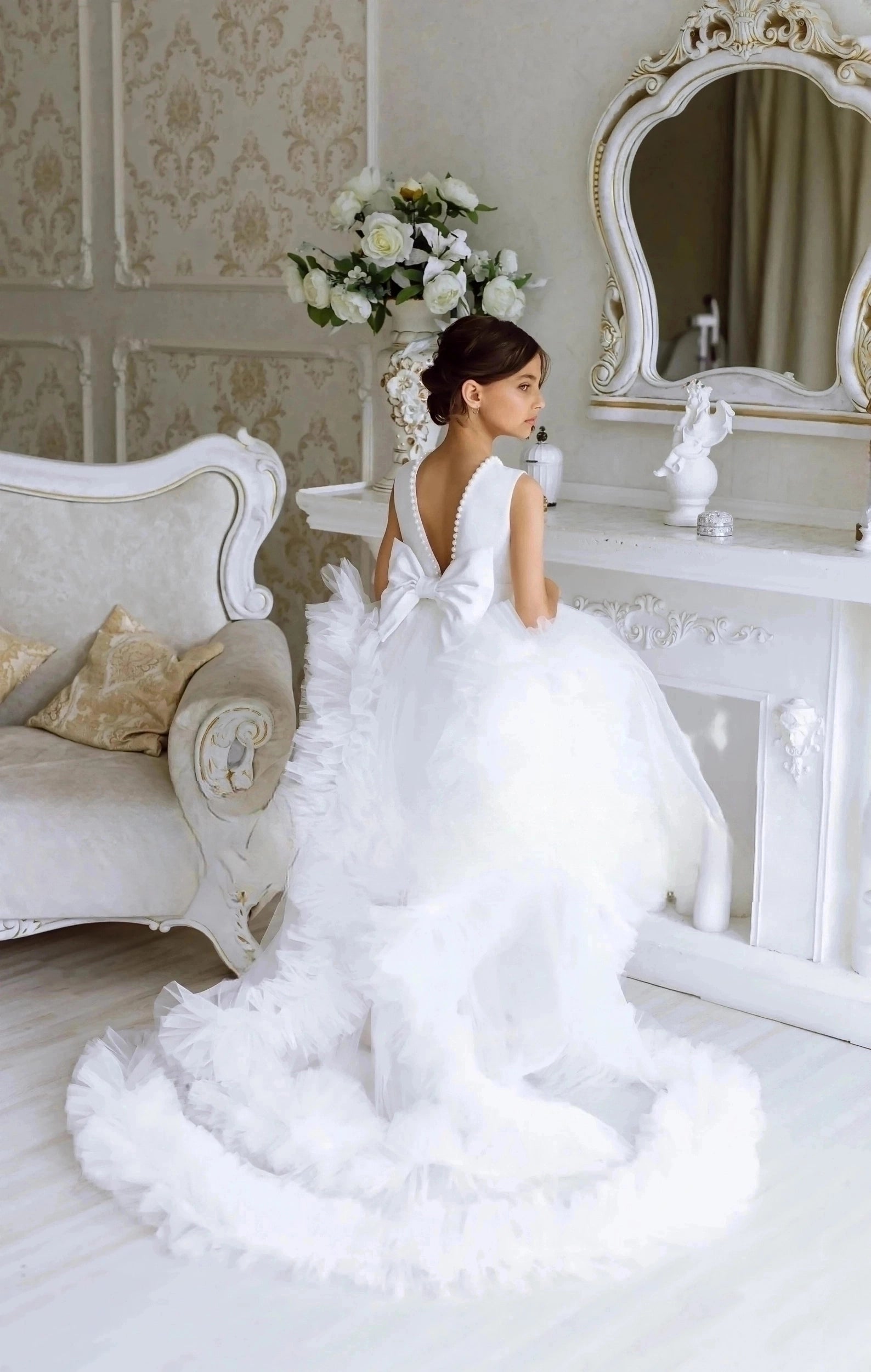 Special Occasion Satin Wedding Flower Girl Pageant Knee Length Tulle Satin Dress 