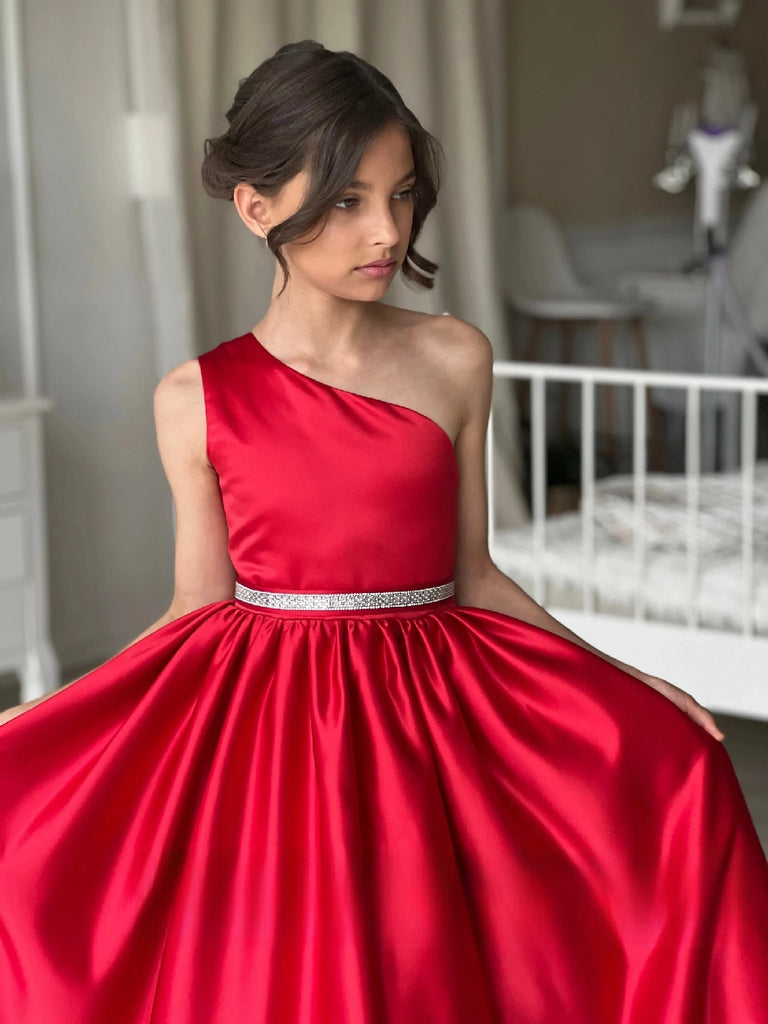 Zephyr One Shoulder Satin Flower Girl Dress
