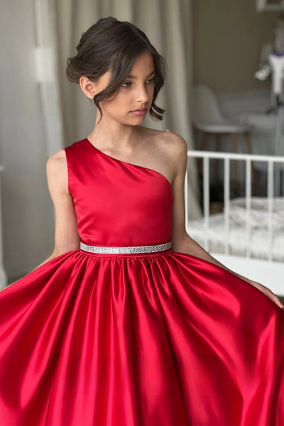 Stunning Red One Shoulder Couture Wedding Flower Girl Satin Gown