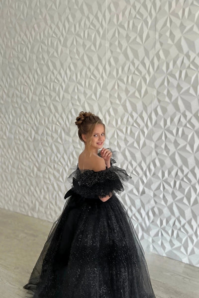Girls Custom Glitter Tulle Satin Special Occasion Pageant Party Floor Length Dress