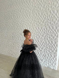 Girls Custom Glitter Tulle Satin Special Occasion Pageant Party Floor Length Dress