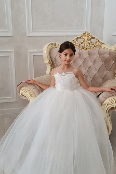 Girls Custom Couture Special Occasion Wedding Party Lace Tulle Floor Length Dress