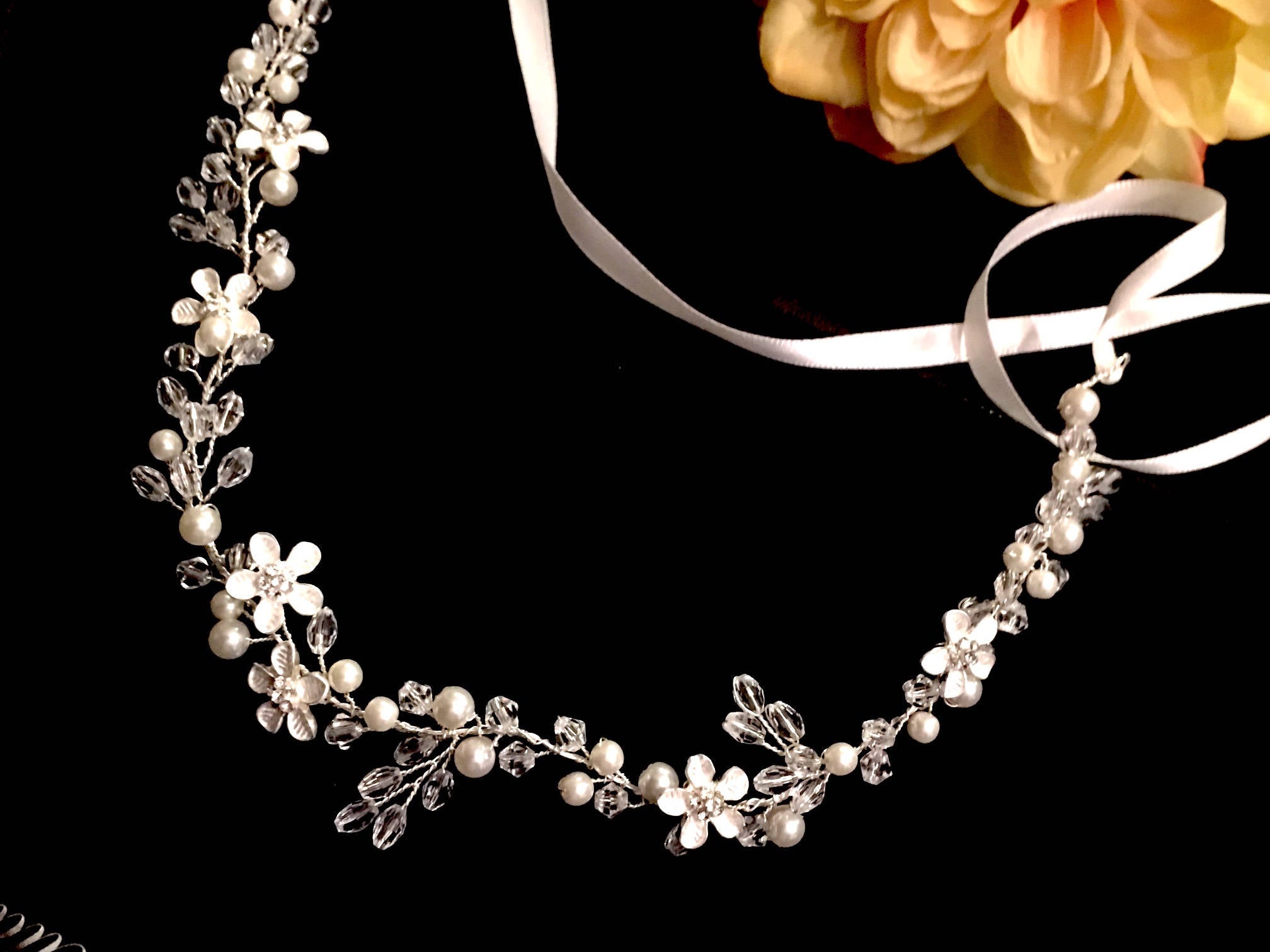 Girls 1st Communion Pearl Tiara Headband With Ribbon 