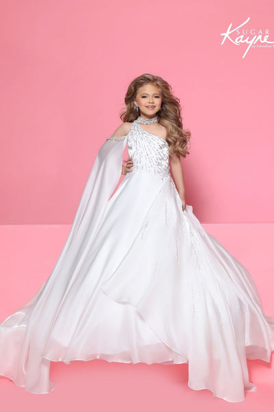 Sugar Kayne One Shoulder Satin Pageant Dress with Cape