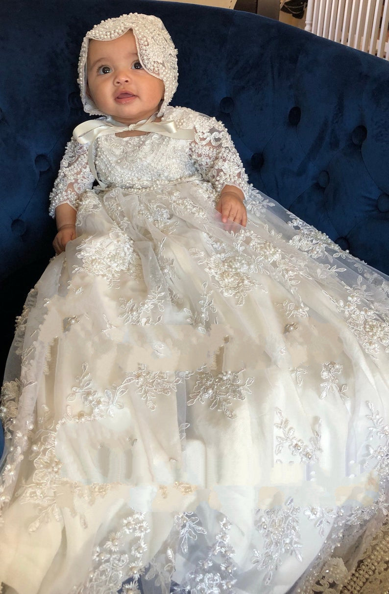 Gorgeous Couture Hand Crafted Beaded Lace Baptismal Gown 