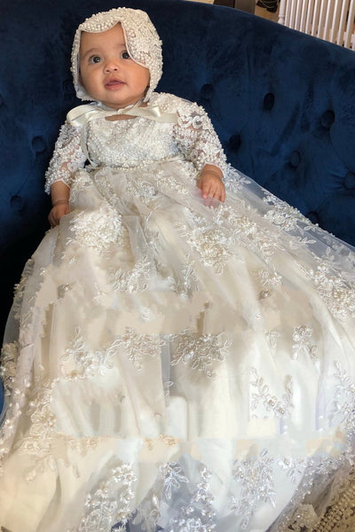 Gorgeous Couture Hand Crafted Beaded Lace Baptismal Gown 