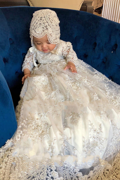 Gorgeous Couture Hand Crafted Beaded Lace Baptismal Gown 