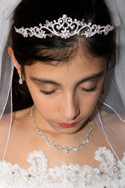 Girls Crystal Communion Tiara with Veil Headpiece