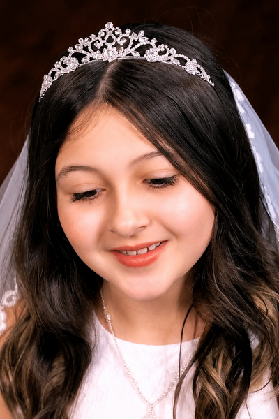 Girls Crystal Communion Tiara with Veil Headpiece