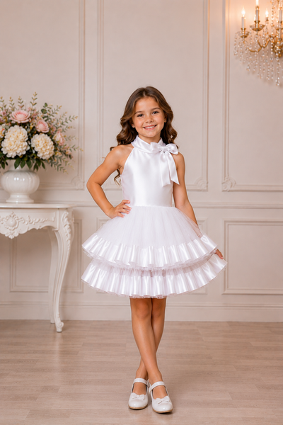 Girls Pageant Flower Girl Dress Satin Bow Tulle Skirt