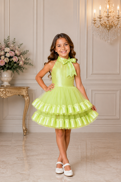Girls Pageant Flower Girl Dress Satin Bow Tulle Skirt